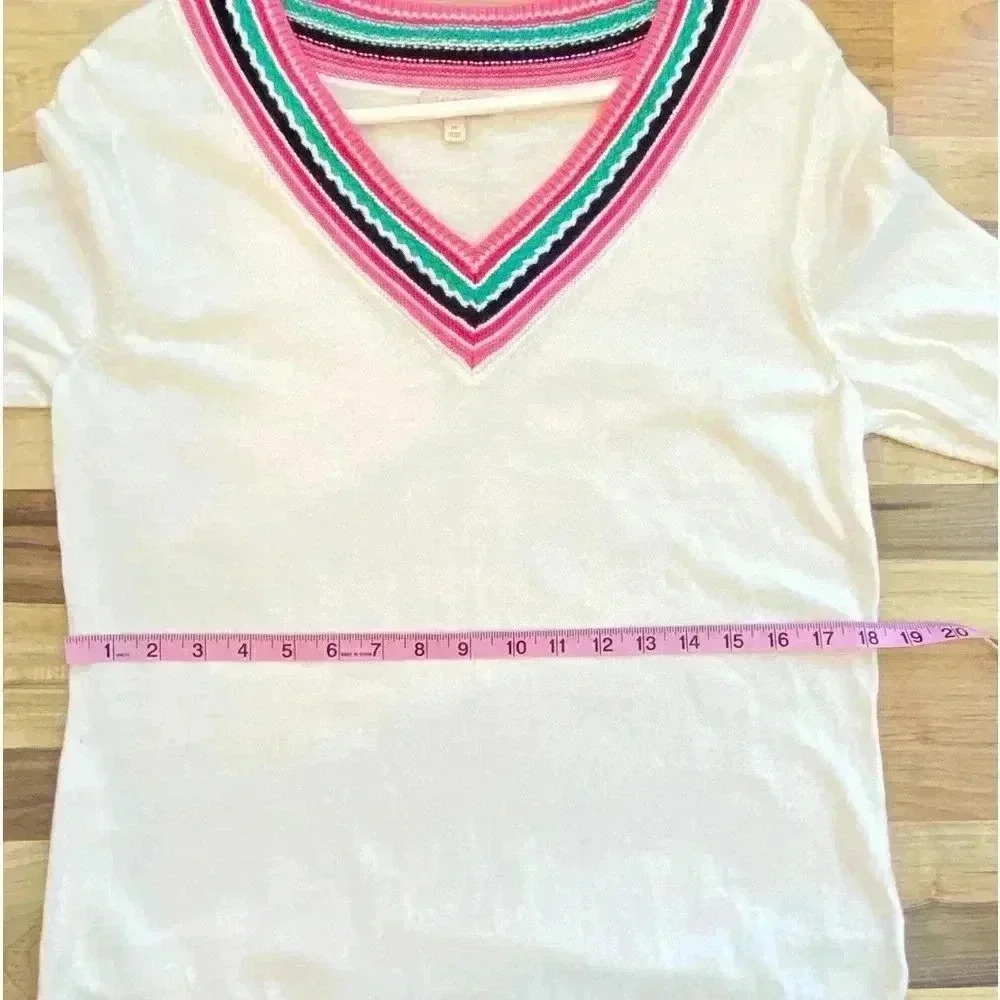 Talbots Stripe Sweater Women’s Size Medium V Neck Cream - Picture 3 of 10
